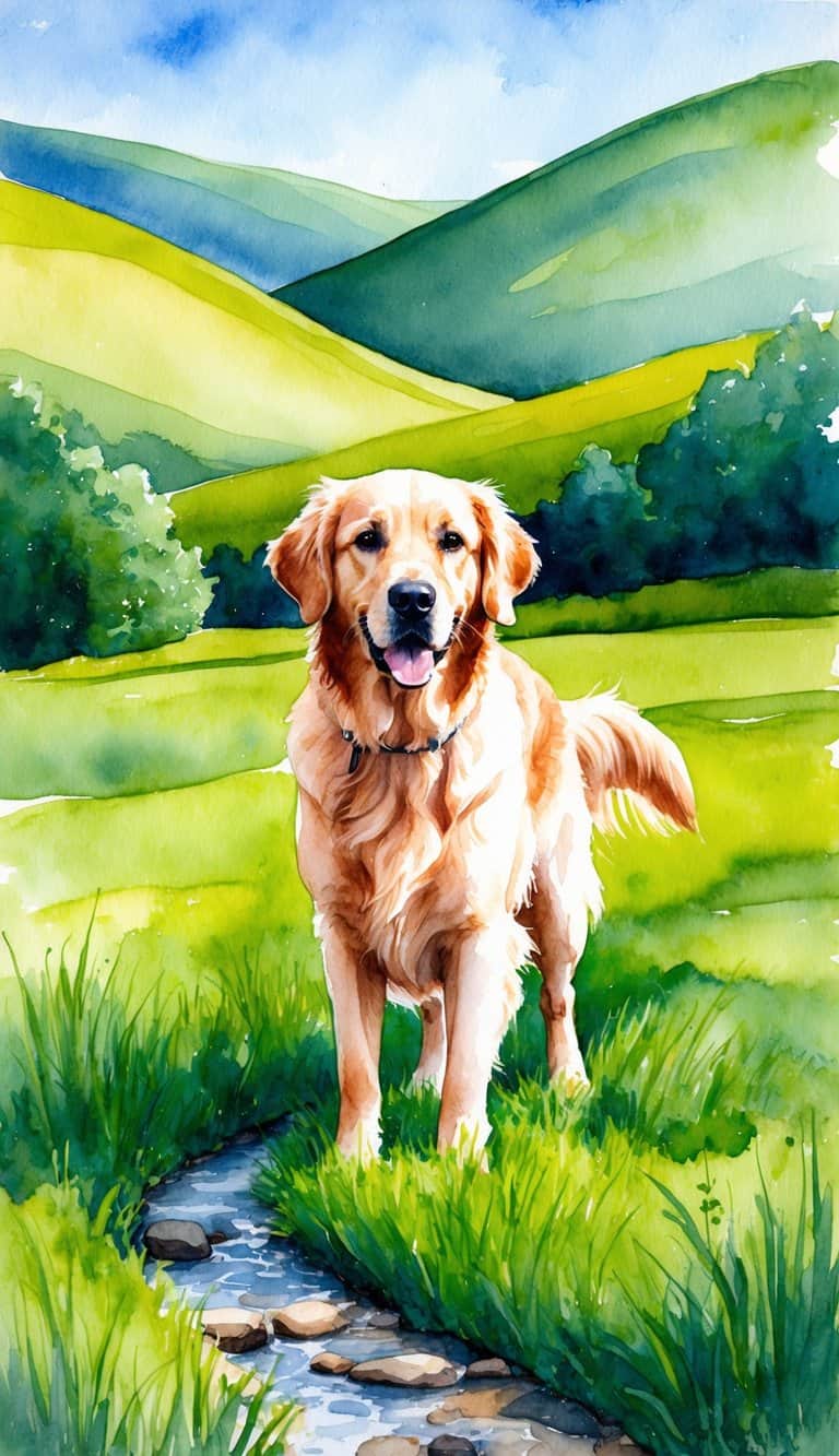 A golden retriever stands in a lush green field, surrounded by rolling hills and a clear blue sky. A small stream winds through the landscape, creating a peaceful and serene setting