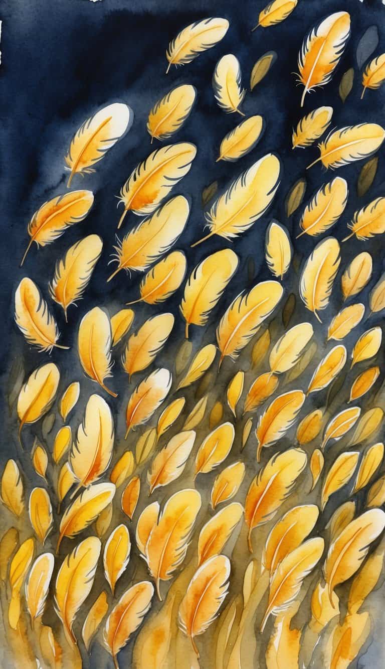 A flock of golden glow feathers floating in a mesmerizing pattern against a dark background