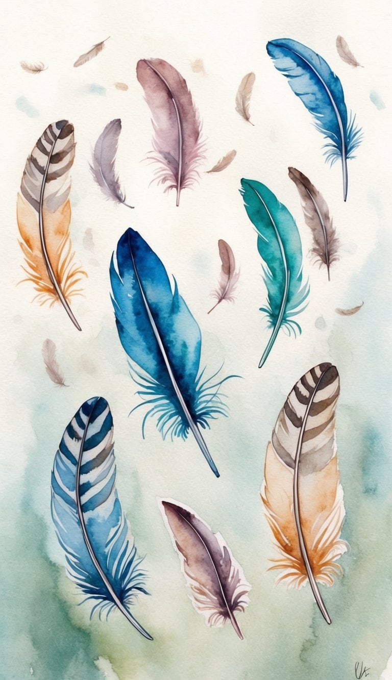 Feathers floating in a soft, dreamy atmosphere, with delicate whispers filling the air