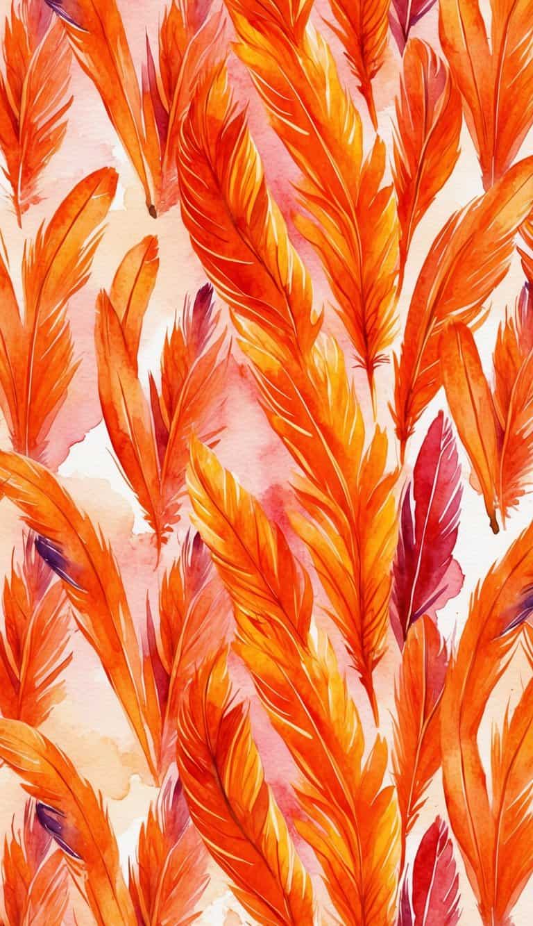 A watercolor pattern of orange and red feathers on a light background, with various sizes and overlapping arrangements.