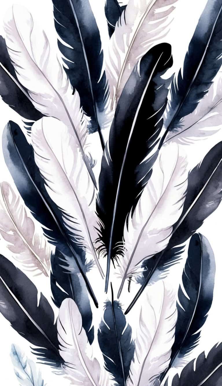 A sleek arrangement of black and white feathers elegantly displayed as iPhone wallpapers
