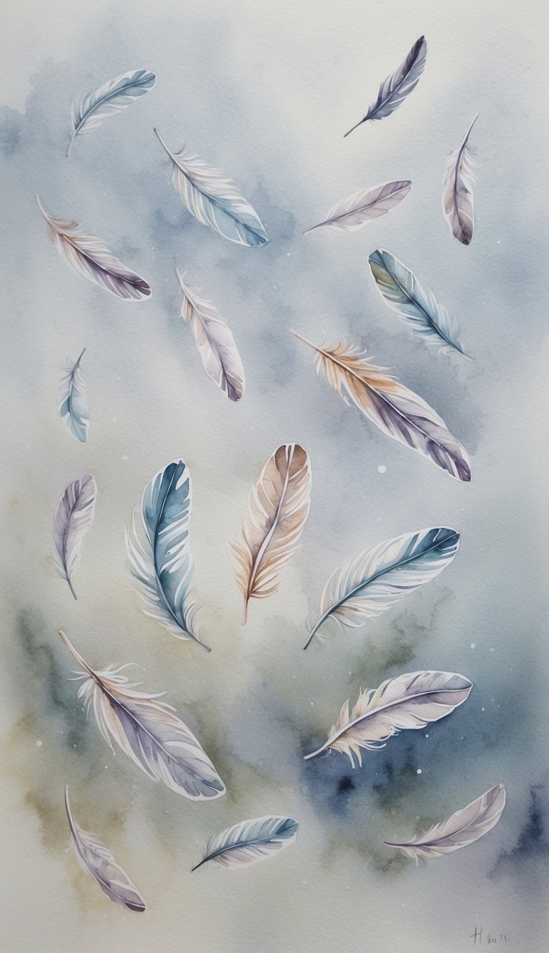 A flock of delicate feathers floating in a misty, frosty atmosphere