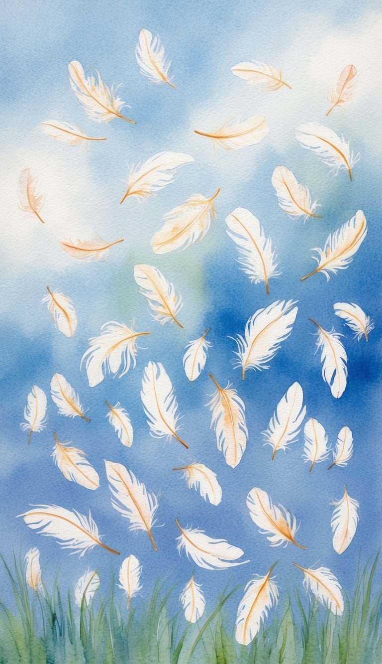 A flock of delicate white feathers floating on a serene blue sky background