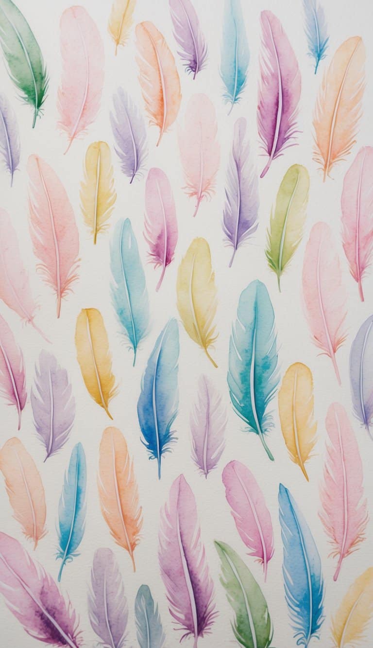 A flock of pastel-hued feathers arranged in a gradient pattern, filling the frame with soft, delicate textures and colors