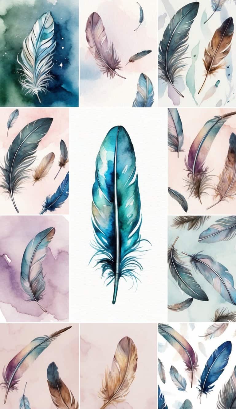 A metallic feather glimmering in the light, surrounded by 50 iPhone wallpapers adorned with feathers