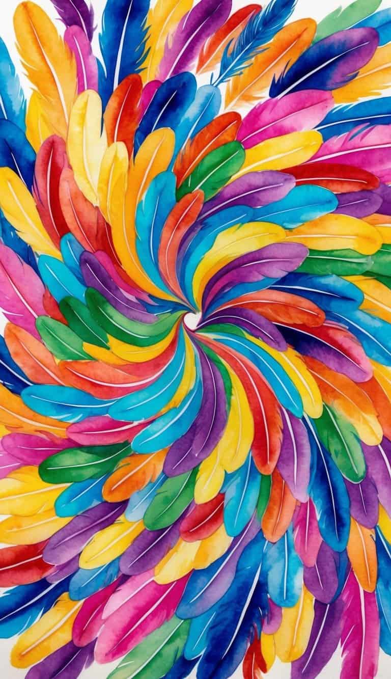 A colorful swirl of 50 rainbow feathers arranged in a swirling pattern, creating a vibrant and dynamic iPhone wallpaper