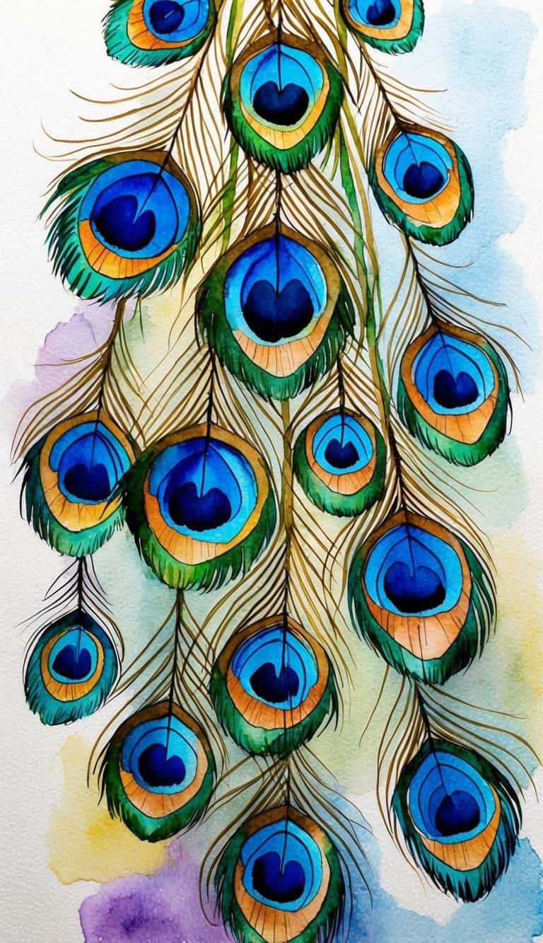 Vibrant peacock feathers arranged in a cascading pattern, with a soft light highlighting their iridescent colors