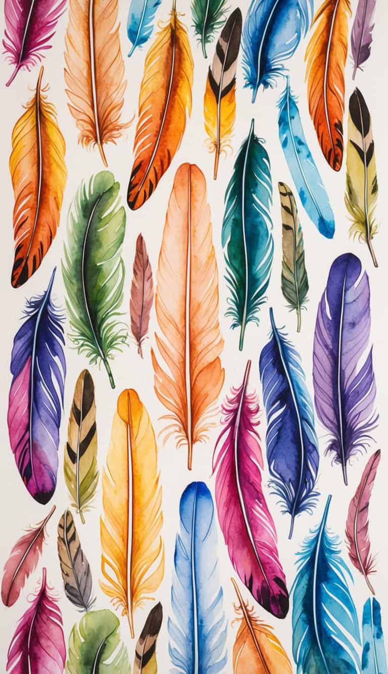 A majestic array of colorful feathers arranged in a pattern, with a soft light illuminating the intricate details