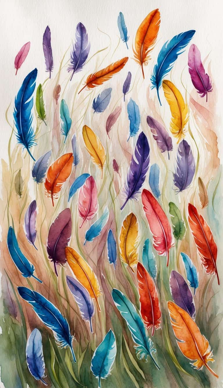 A flock of colorful feathers swirling in a gentle breeze