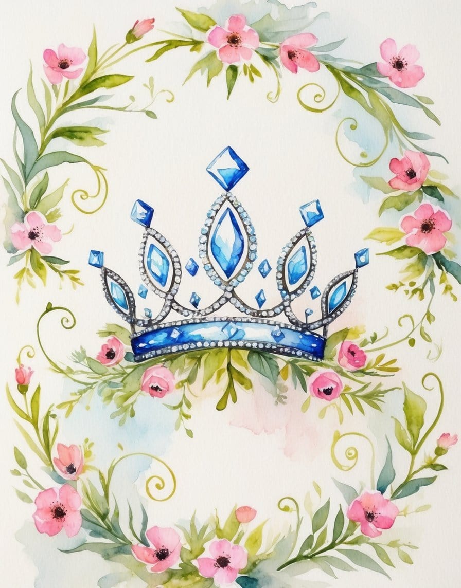 Watercolor tiara with blue gems framed by pink flowers and green leaves, styled as elegant printable iPhone wallpaper.
