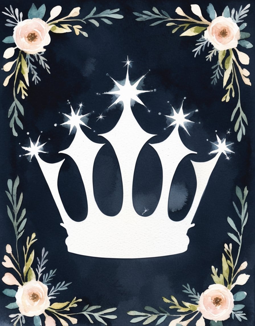 Sparkling white tiara on dark watercolor backdrop, surrounded by floral corners—ideal for magical printable art or phone screens.