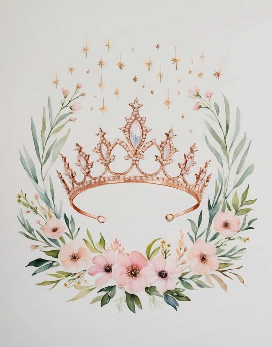 Rose gold tiara with watercolor blush flowers and golden stars, designed as elegant printable art for feminine or nursery decor.
