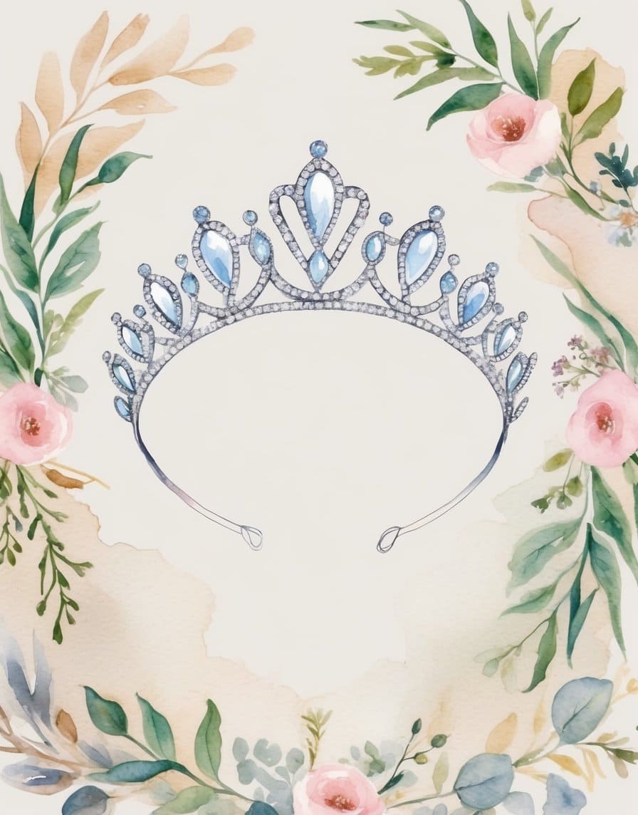 Silver tiara with blue teardrop gems and delicate diamond detailing in a symmetrical printable crown design.