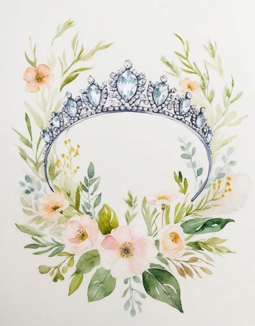 Watercolor illustration of a silver tiara with aquamarine gems and detailed diamond accents in a regal shape.