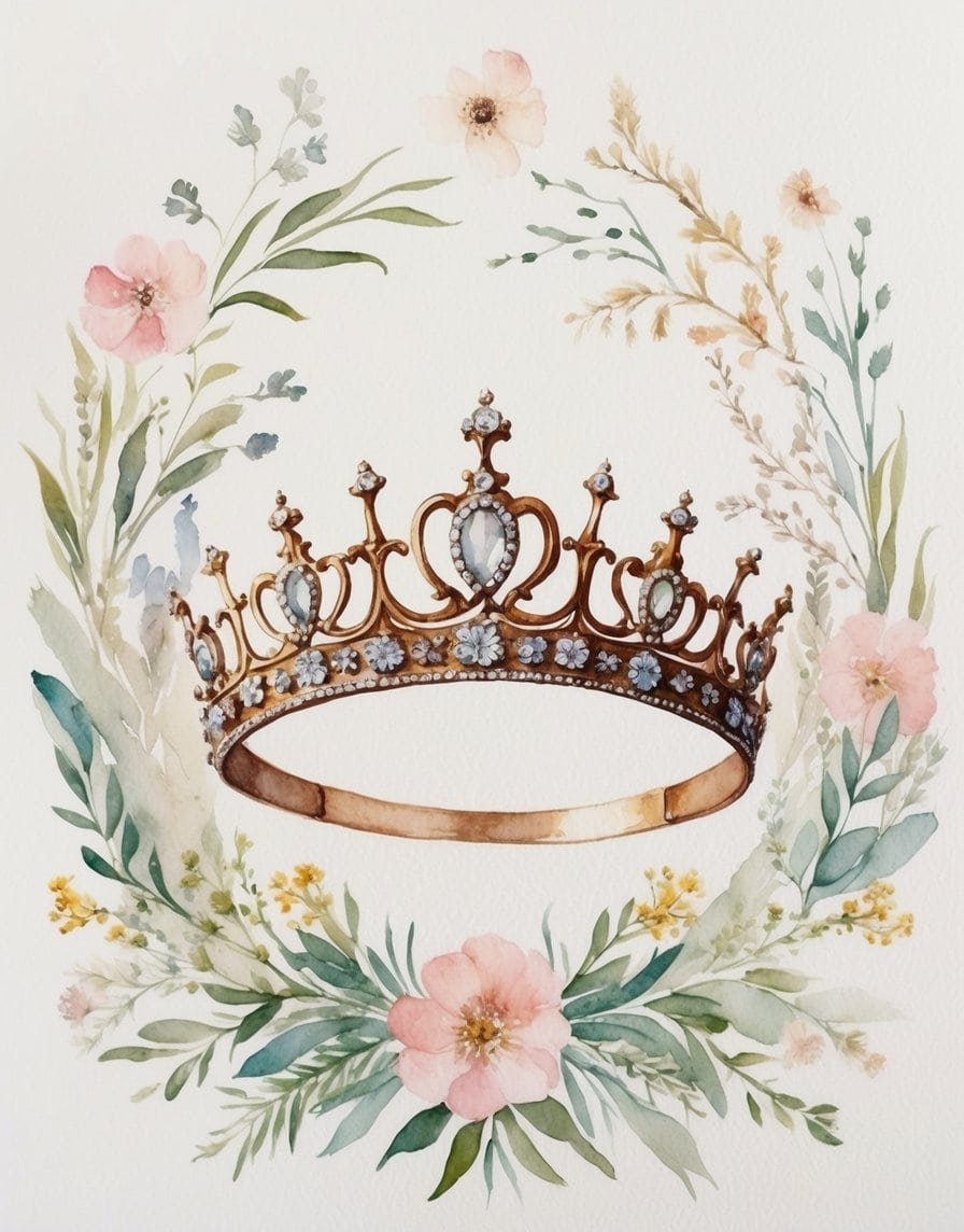 Watercolor crown illustration with bronze tones, vintage floral designs, and sparkling white jewels.