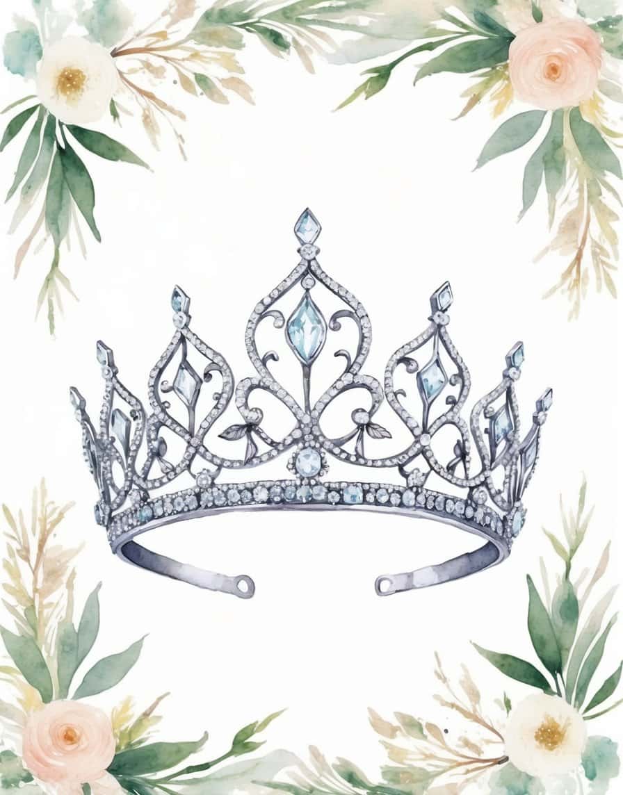Watercolor silver tiara with light blue gems and curved floral filigree, designed for printable wall art.