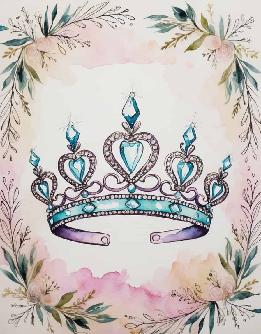Vibrant watercolor tiara with turquoise heart jewels and purple-toned band, styled for printable wall art.