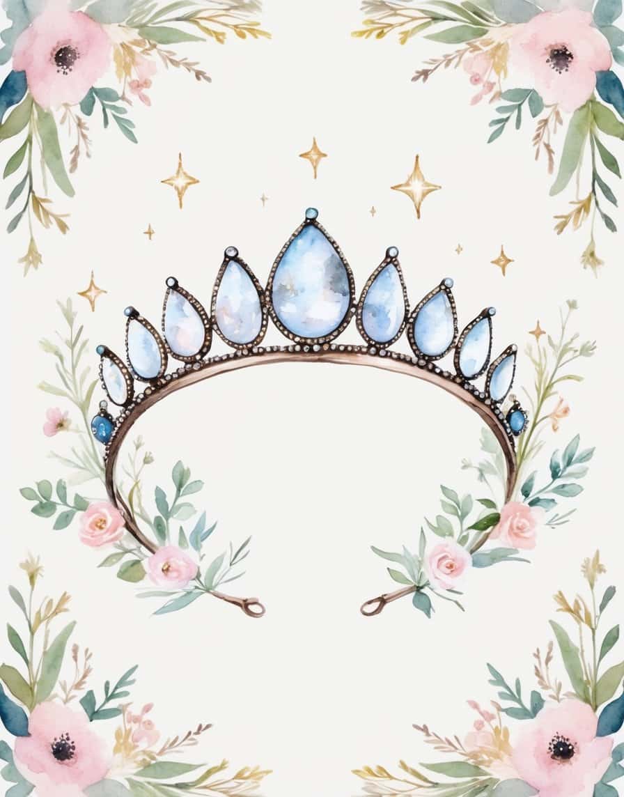 Tiara with teardrop-shaped sky-blue gemstones in bronze setting, watercolor florals and stars in background.