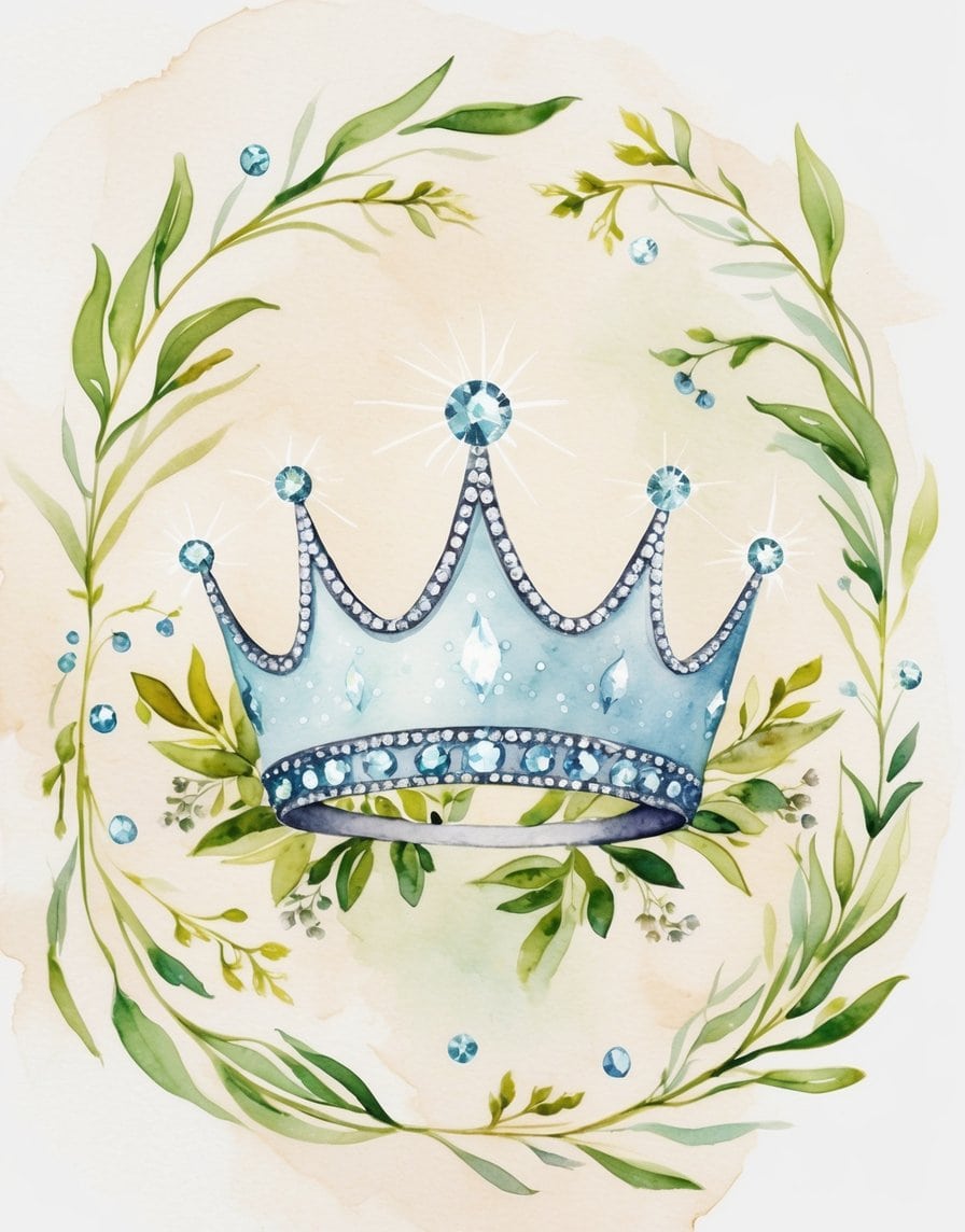 Blue gemstone tiara surrounded by botanical watercolor elements and subtle sparkles in printable art style.