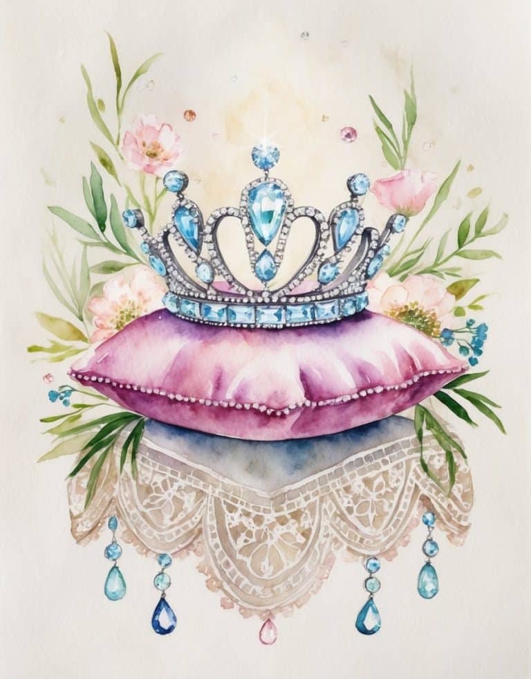 A jeweled blue and silver crown rests on a purple pillow with lace trim, surrounded by pink flowers and green leaves, illustrated in a watercolor style.