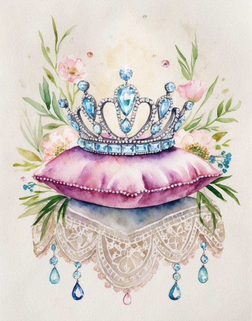 A jeweled blue and silver crown rests on a purple pillow with lace trim, surrounded by pink flowers and green leaves, illustrated in a watercolor style.