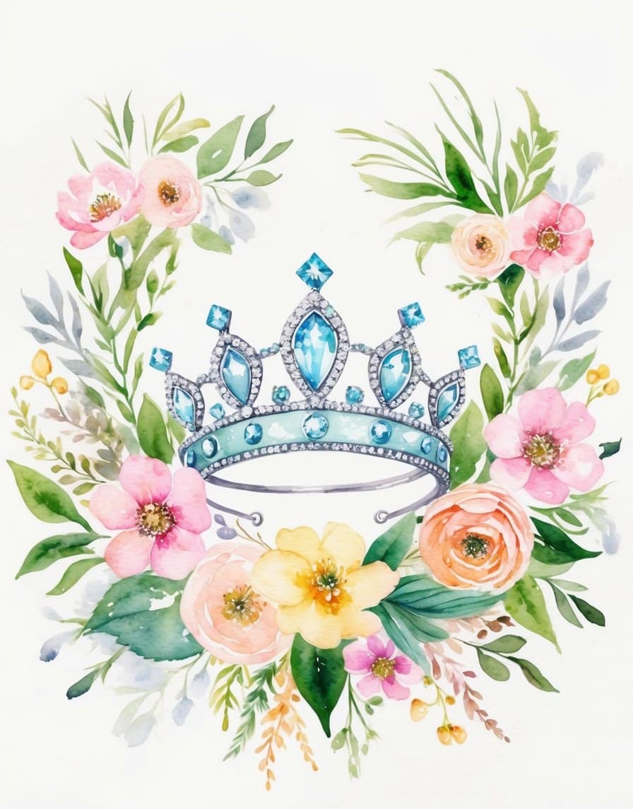 Blue jeweled tiara surrounded by colorful watercolor spring flowers in a bright, elegant composition.