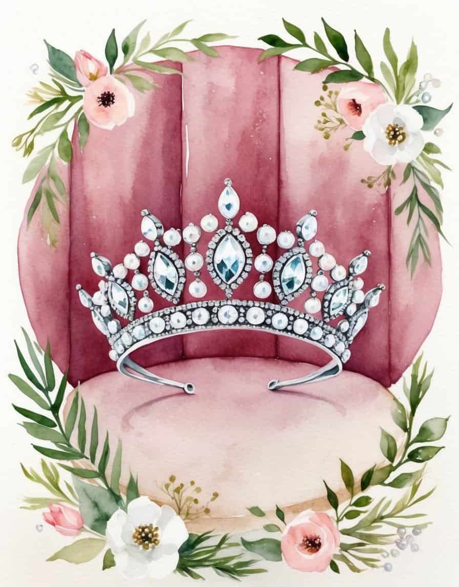 Elegant silver tiara with blue gems and pearls on a blush throne-style background with floral accents.