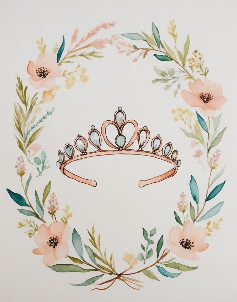 Elegant tiara with heart-shaped details and pastel jewels, framed by soft peach florals and greenery.