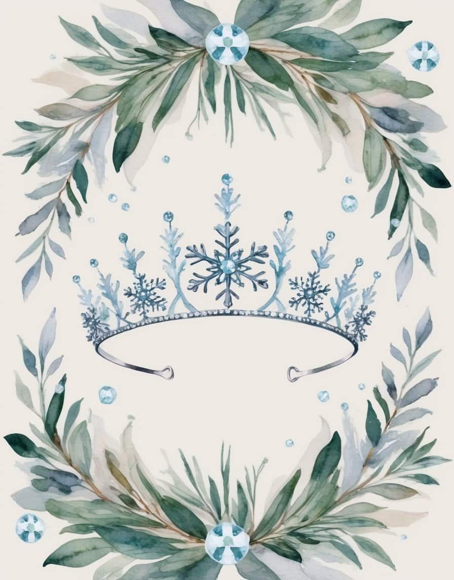 Snowflake tiara with silver filigree and icy blue accents, surrounded by watercolor greenery and soft wintry tones.
