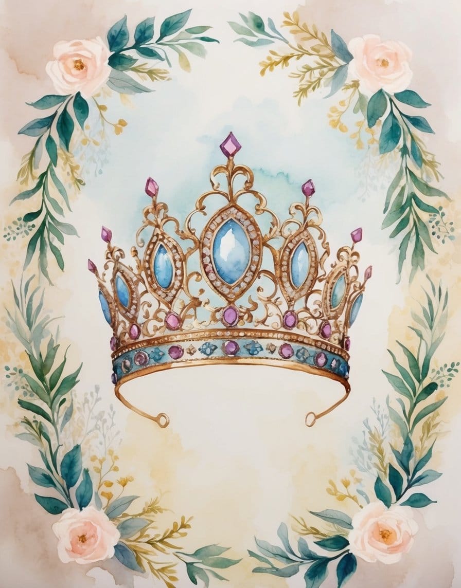 Golden tiara with lavender and sapphire jewels, surrounded by watercolor roses and greenery on a cream-toned background.