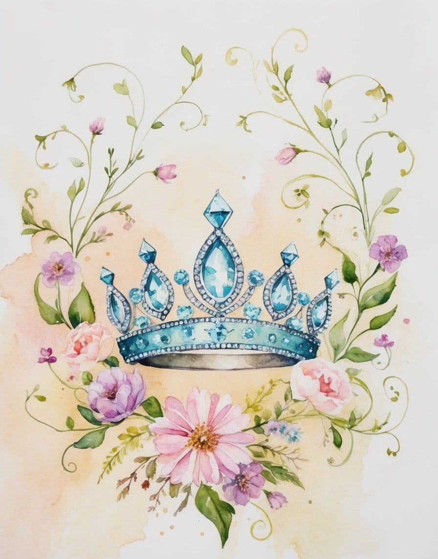 Blue gemstone tiara with sparkling silver accents, framed by blooming wildflowers and vines in pastel shades.
