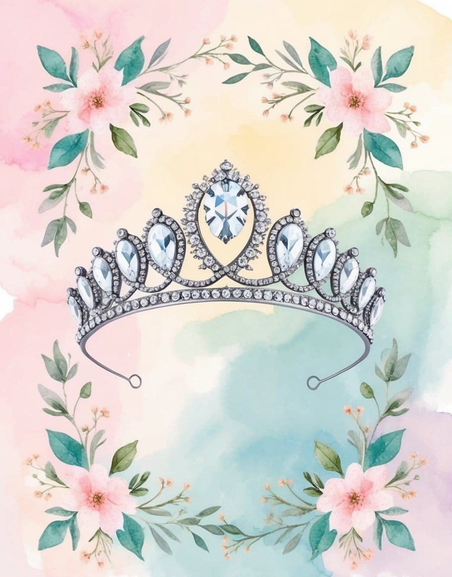 Silver tiara with teardrop gems over a pastel watercolor background and pink floral accents.