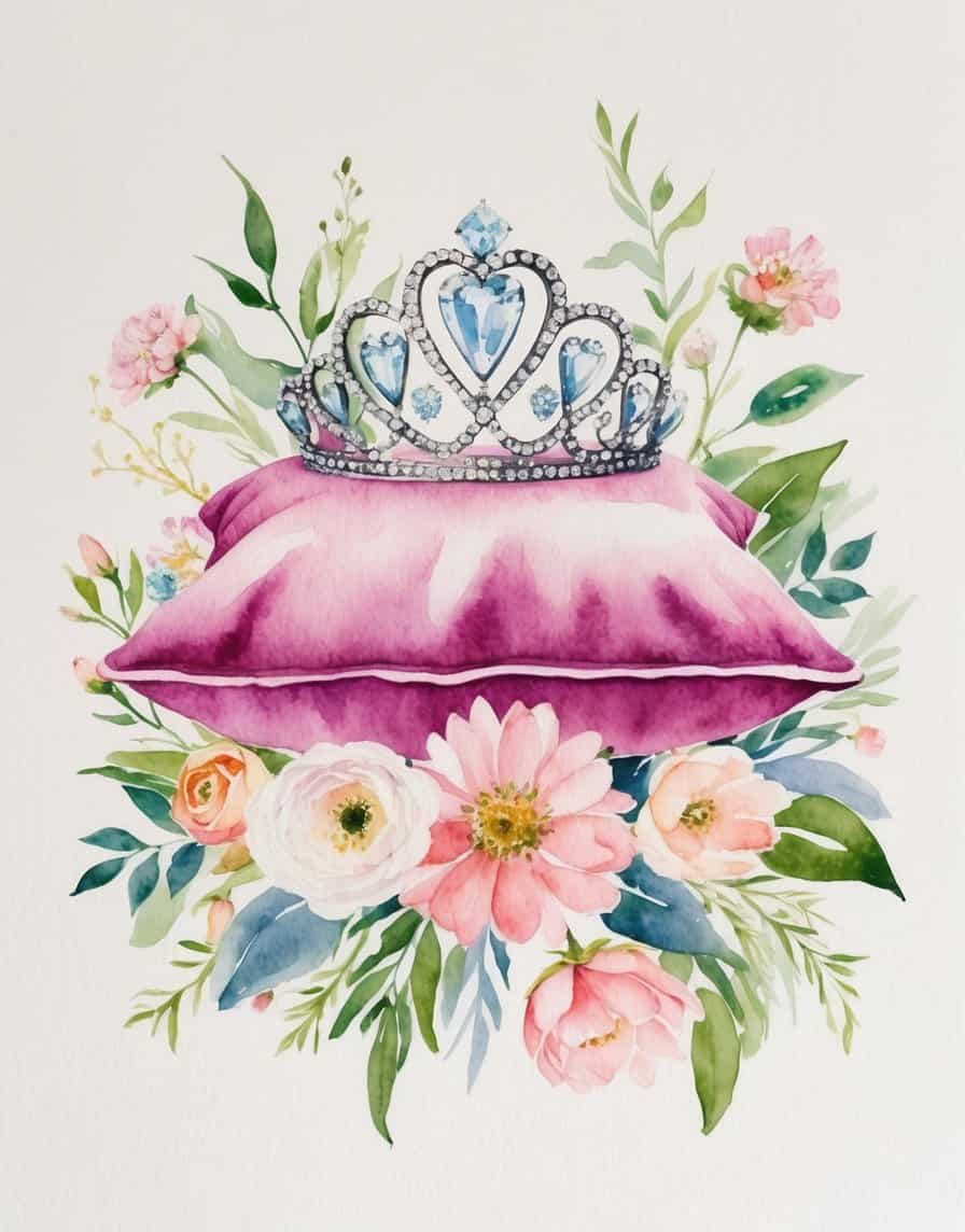 Heart-shaped silver tiara with blue gems placed on a pink velvet pillow, surrounded by watercolor florals.