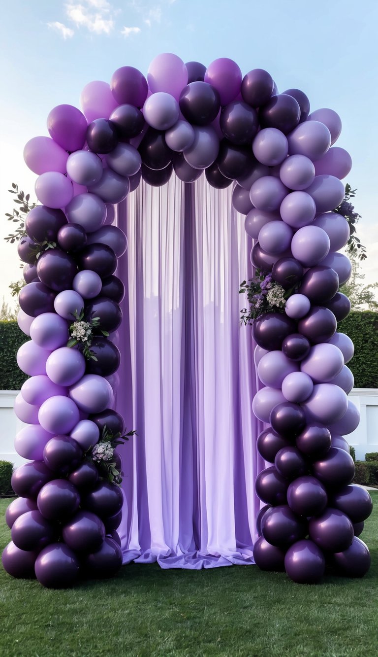 Balloon arch in varying purple shades with floral and greenery accents, styled in front of soft lilac curtains outdoors.