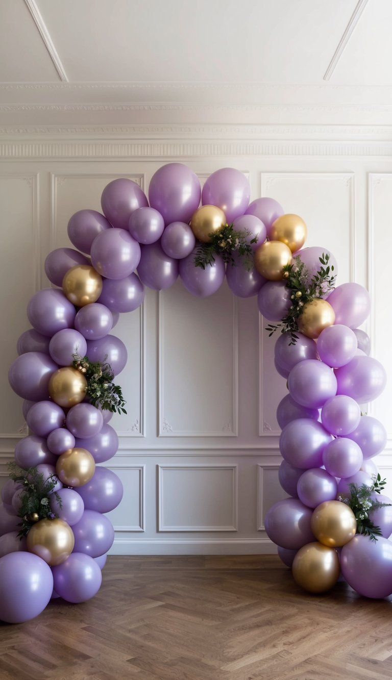 Balloon arch in soft lilac and gold balloons with scattered greenery, set against a classic white-paneled wall.