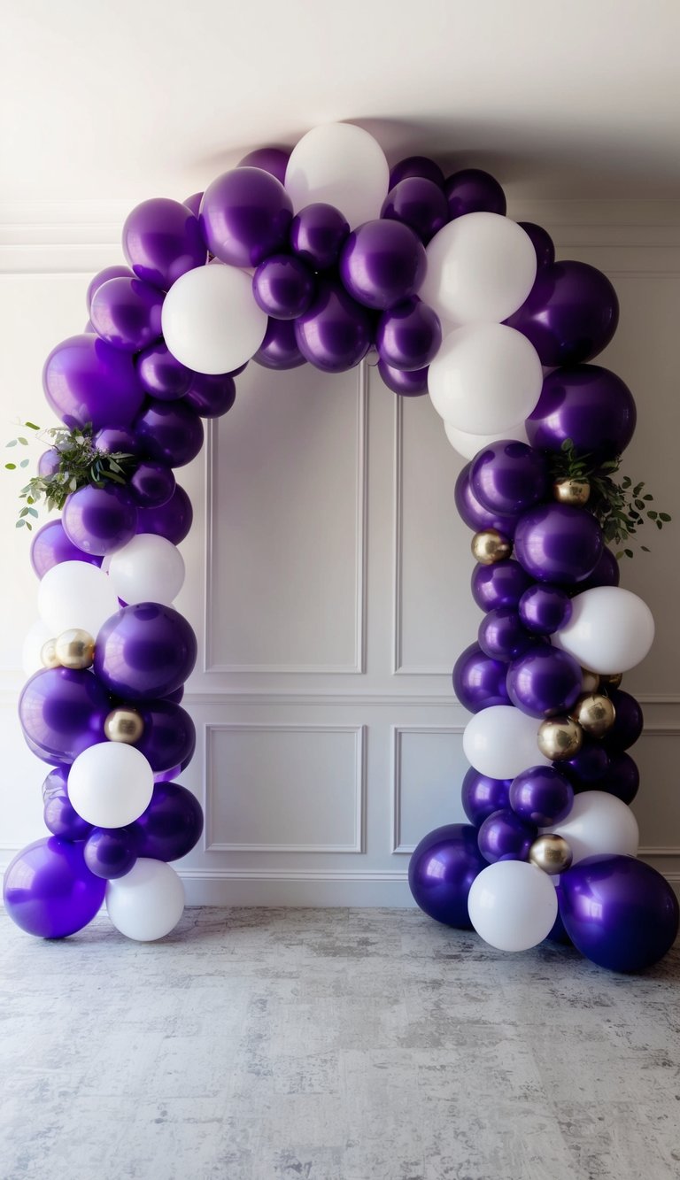 Dense balloon arch in purple, white, and gold tones with green sprigs, standing against a minimalist white wall backdrop.