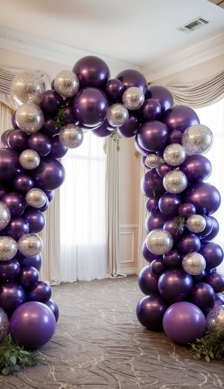 Shiny purple and glitter silver balloon arch in an upscale room with light curtains and greenery accents.