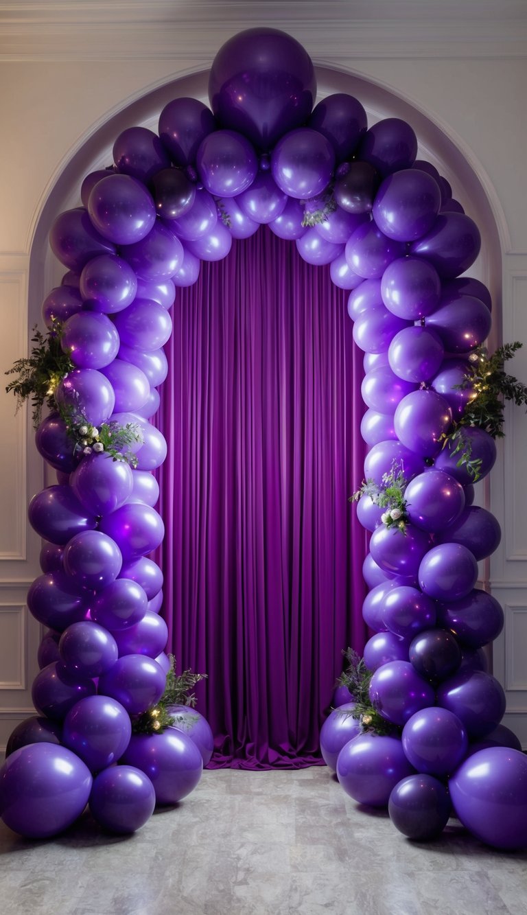 Dark purple balloon arch with large top balloon and greenery accents, standing in front of matching violet drapery inside a formal space.