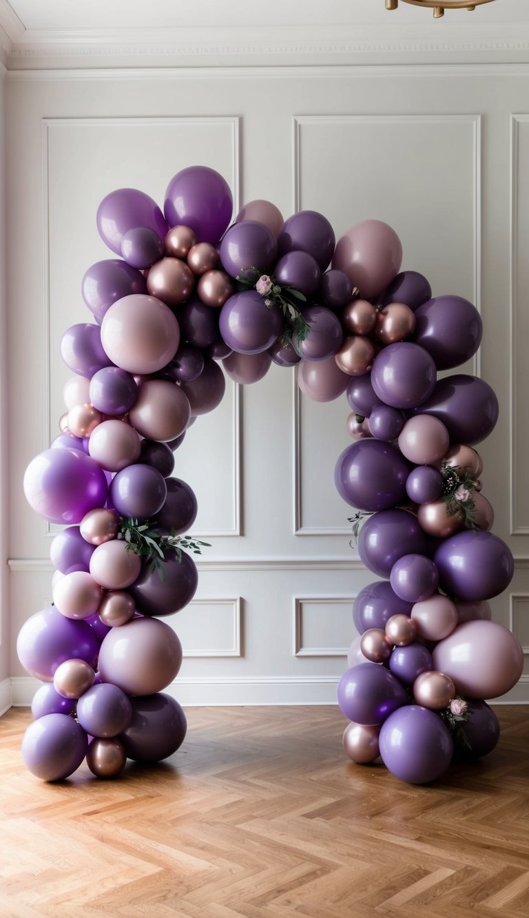 Balloon arch in plum, lavender, and rose gold with blush floral accents and greenery, styled in front of a paneled white wall.