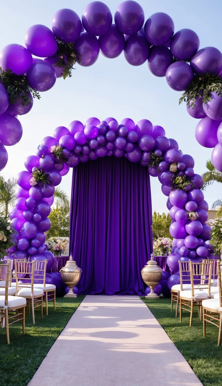 Twin purple balloon arches with greenery and flowers in front of deep purple drapes, lined with chairs and urns in an outdoor event.