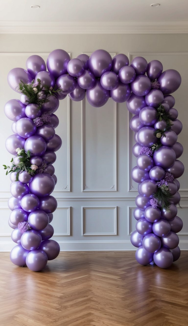 Satin lilac balloon arch with touches of greenery and small purple flowers, set in front of white paneled walls on wood flooring.