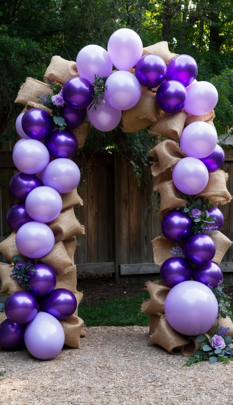 Outdoor balloon arch with lilac and dark purple balloons woven into burlap, accented with greenery and roses in a woodsy setting.