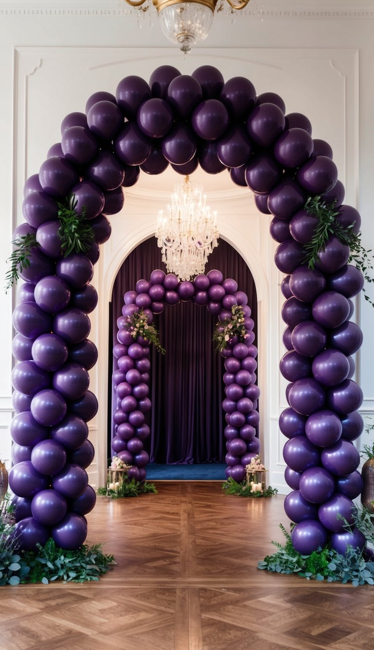 Elegant double purple balloon arches in a formal room with chandeliers, greenery accents, and a rich curtain backdrop.