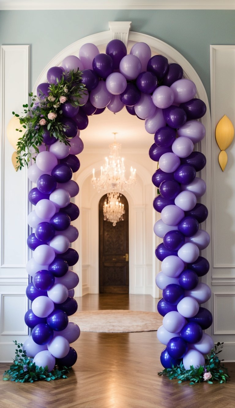 Lavender and violet balloon arch with green and floral detailing, styled in a grand hallway with wood floors and chandeliers.