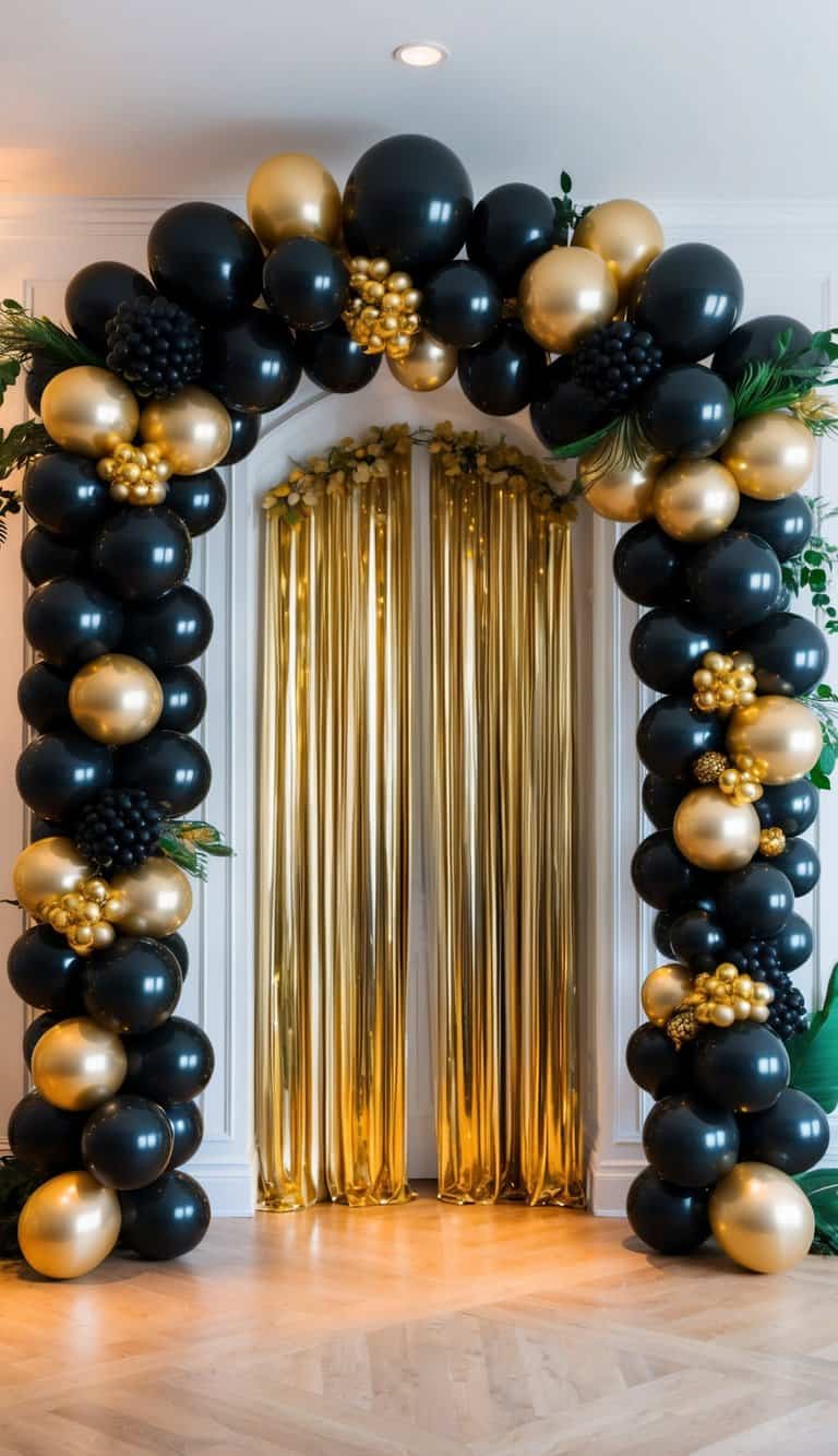 Elegant black and gold balloon arch with gold fringe backdrop, floral clusters, and art deco-inspired greenery.