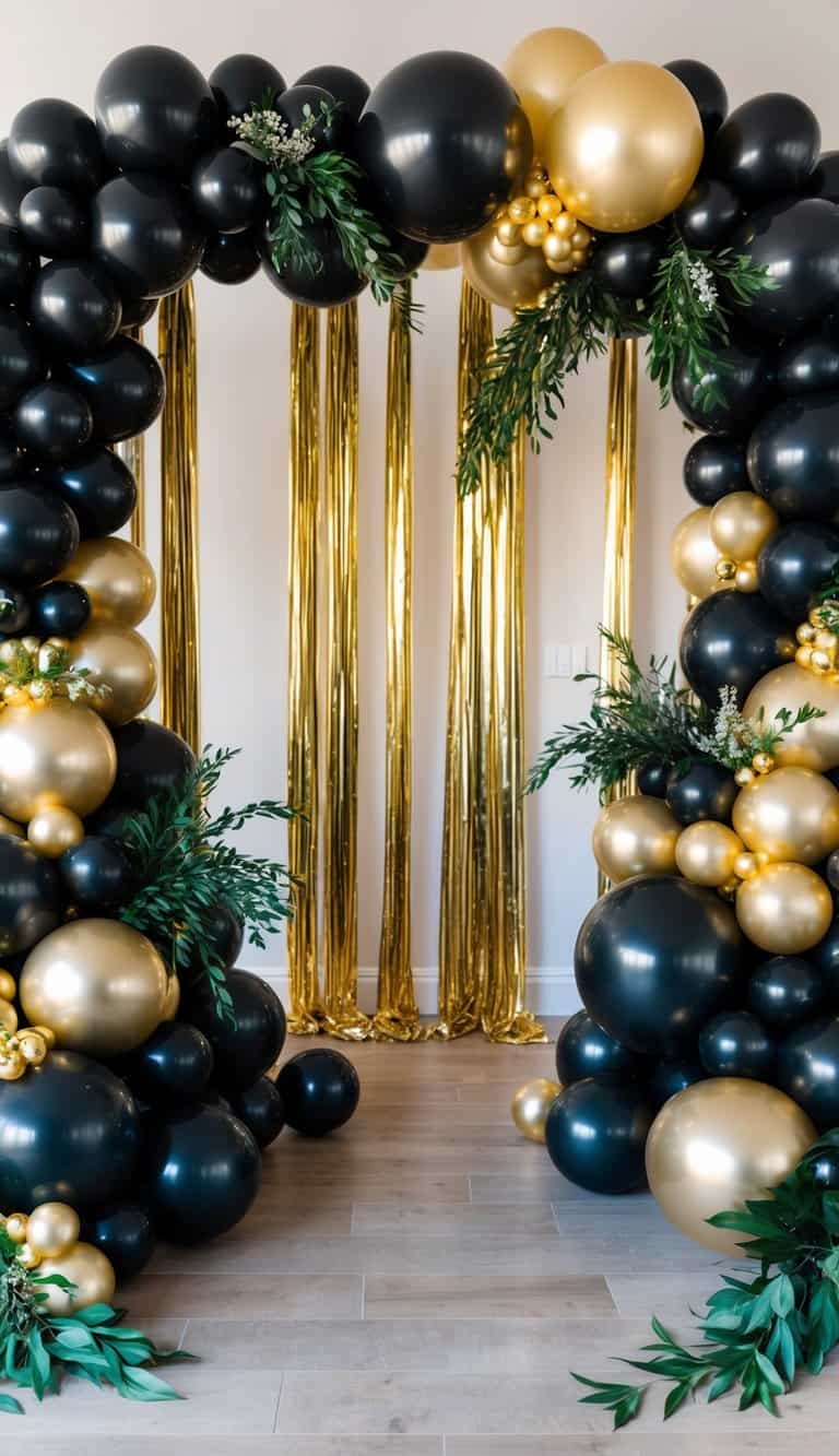 Lush balloon arch made of black and gold balloons with cascading greenery and a shiny gold tinsel curtain.
