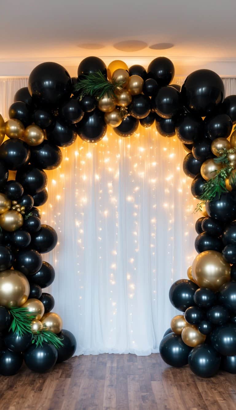 Elegant black and gold balloon arch with warm fairy lights and white curtain backdrop, perfect for event entrances or photo ops.