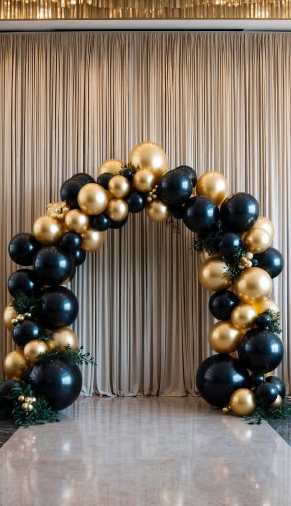 A balloon arch made of black and gold balloons with green foliage stands in front of beige curtains on a polished floor.