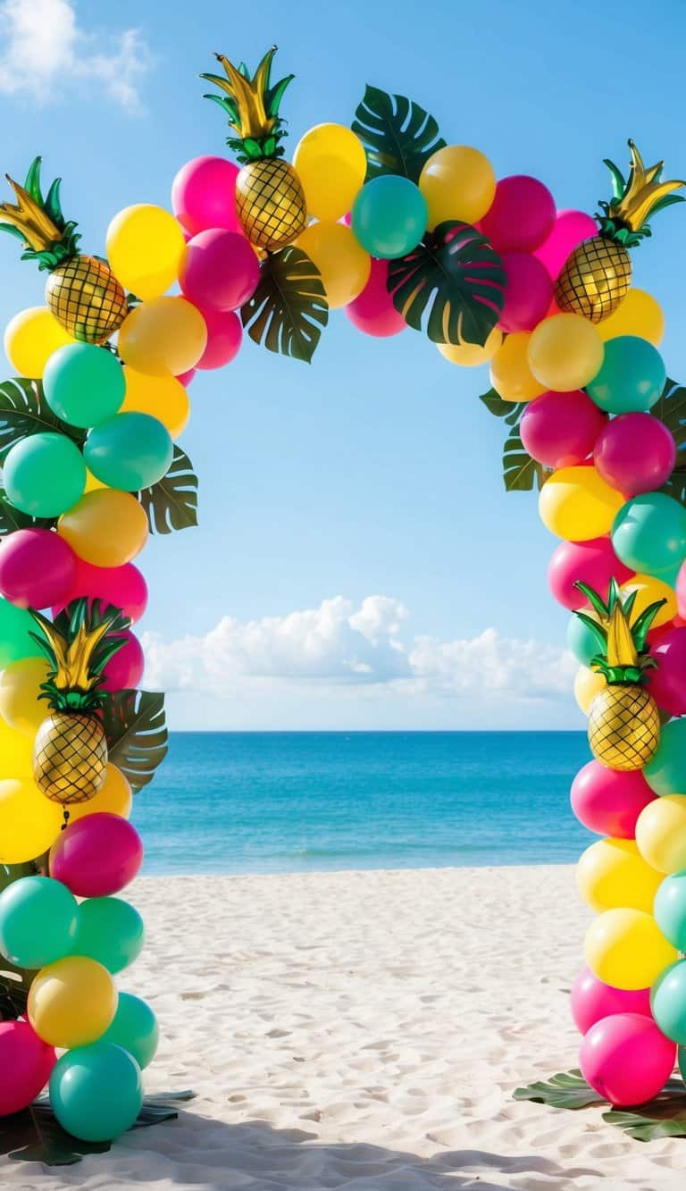 Colorful luau balloon arch with fuchsia, yellow, and aqua balloons, tropical leaves, and pineapple inflatables on a sandy beach.