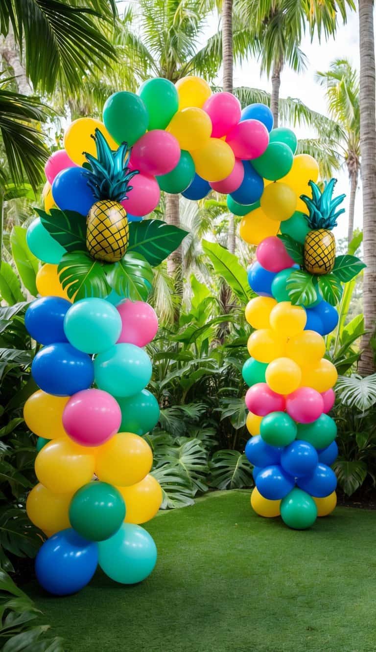 Bold luau arch in turquoise, pink, yellow, and blue with pineapple decorations and jungle-style greenery in a tropical garden.